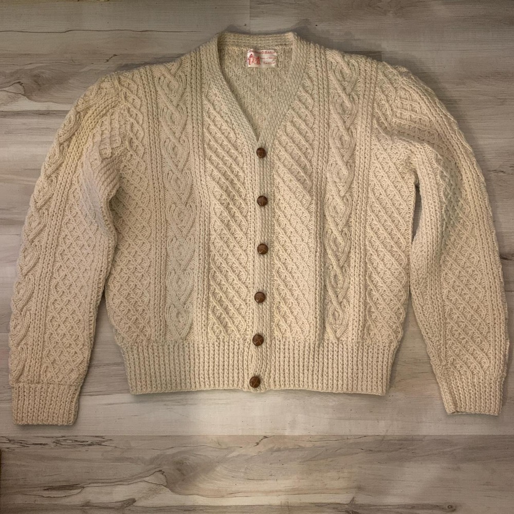Padraic O Maille Mens XL Irish Wool Cable Knit Cardigan Sweater Cream Tan